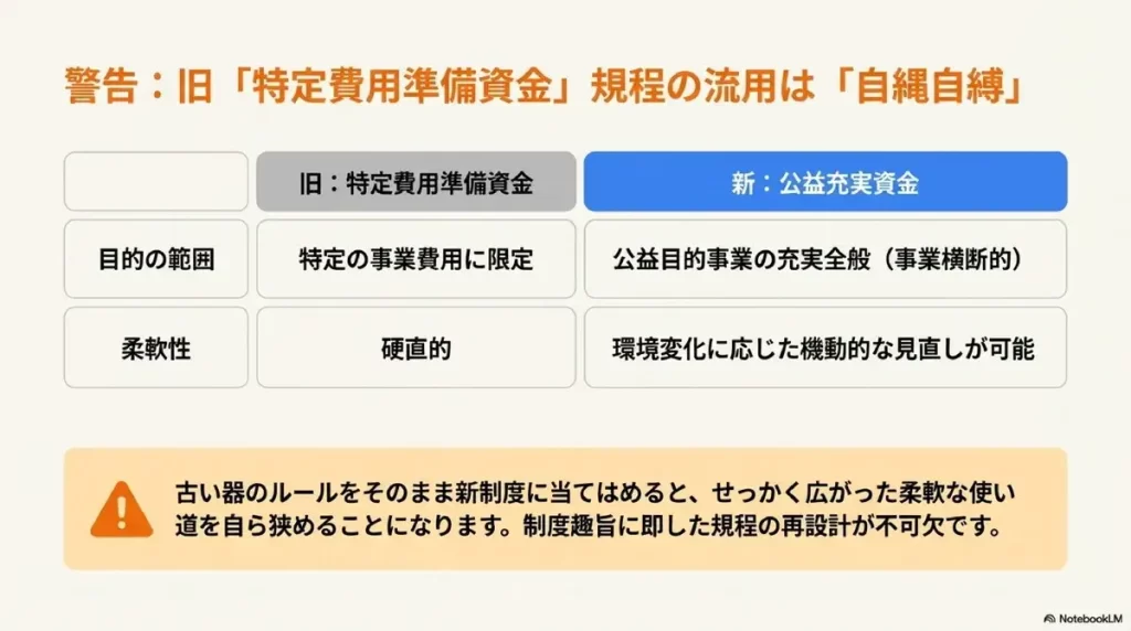 旧特定費用準備資金規程の流用は、自縄自縛