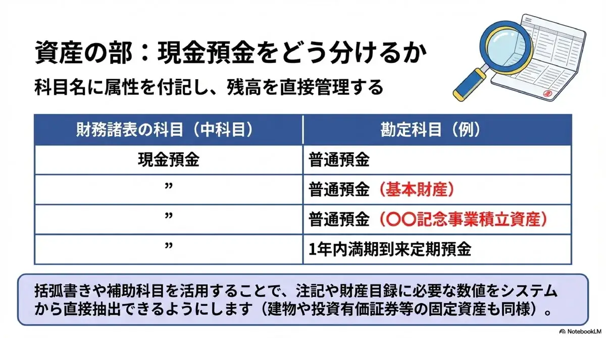 資産の部:現金預金をどう分けるか